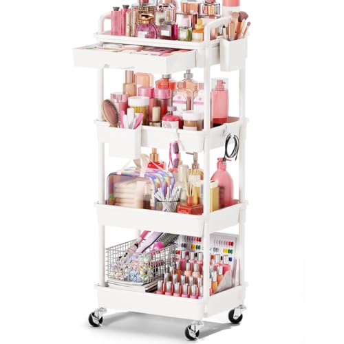 Goovilla Rolling Makeup Organizer Cart with Removable Drawer, 4 Tier White | Stable Floor Skincare Storage Cart for Vanity, Cosmetic Display, Nail Polish, Perfume, Hair Stuff, Beauty, Bathroom(Plastic) - color: White, size: 4 Tier