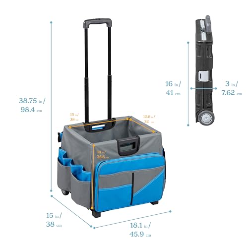 ECR4Kids Universal Rolling Cart with Canvas Organizer Bag, Mobile Storage, Blue/Grey | Durable plastic, 30 compartments, adjustable handle, 40 lb capacity, collapses to 3" thick, rolling wheels for easy transport - color: Blue