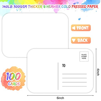 Sabary 100 Pcs Watercolor Postcards, 4 x 6 Inch Watercolor Paper Postcards Blank 140lb/300gsm White Cardstock Notecards for Paint, Artwork, DIY, Mailing, Invitations, Greeting Cards(Round Angle) - style: Round Angle