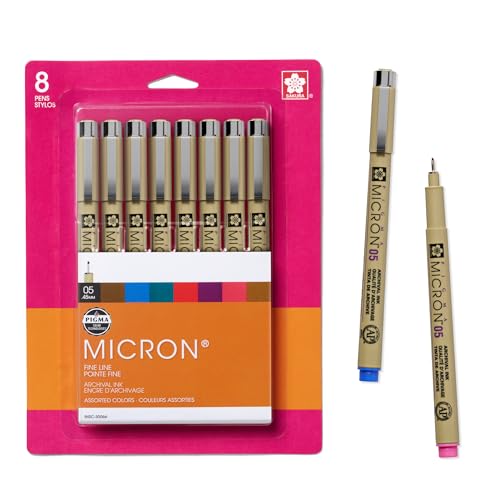 Sakura Pigma Micron Fineliner Pens, Assorted Colors, 05 Tip, 8 Count | Color Pen Set for Drawing, Illustration, and Journaling, Archival Colored Ink, Waterproof and Fade-Resistant - style: 05 Tip