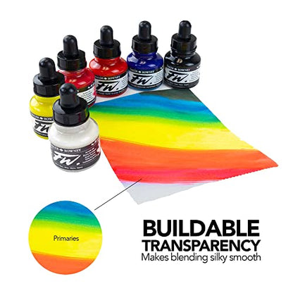 Daler-Rowney FW Acrylic Ink Bottle 6-Color Primary Set with Empty Marker - Acrylic Set of Drawing Inks for Artists and Students - Art Ink Calligraphy Set - Permanent Calligraphy Ink - style: 6 Pack, Primary