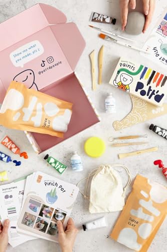 Pott'd Pottery Kit, Air Dry Clay Kit for Adults & Beginners | At Home Pottery Making Kit with Air Dry Clay, Tools, Paints, Brushes, Sealant and Step-by-Step Guide - style: Regular Paints