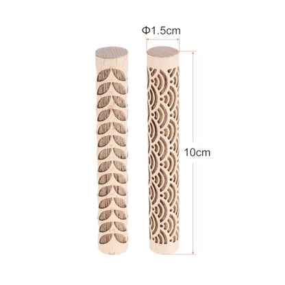 HARFINGTON 2pcs Wood Clay Roller 4"Water Wave Leaf Pattern Rolling Pins Pottery Tools Wood Grain Texture Rollers for Clay Baking Dough Playdough DIY - style: Water Wave + Leaf