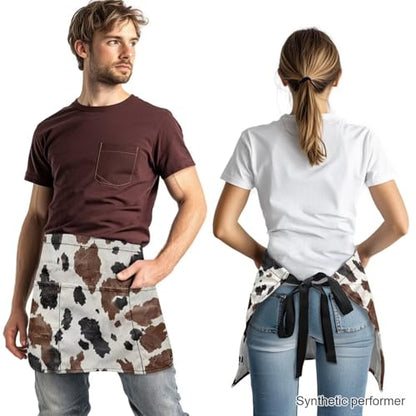 Waist Apron with 3 Pockets Waterproof 13 Inch Short Half Waist Aprons Women Men Server Aprons Waitress Waiter Apron - color: Brown Cow Print