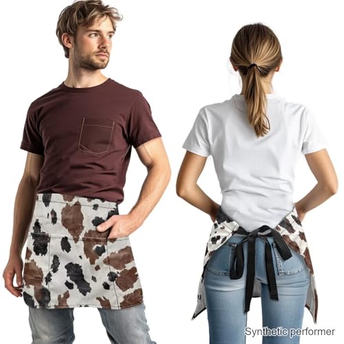 Waist Apron with 3 Pockets Waterproof 13 Inch Short Half Waist Aprons Women Men Server Aprons Waitress Waiter Apron - color: Brown Cow Print