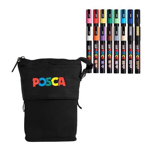 Posca Exclusive 5M Paint Markers Gift Set of 16 with Carrying Case, Great for Kids and Adults, Acrylic Art Markers for Coloring Decorations, Canvas, Wood, Glass and Metal - size: 1 Count (Pack of 16)