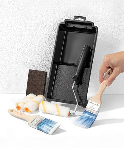 Bates- 4 Inch Paint Roller Kit, 8 pcs, 1x Plastic Paint Tray, 1x Roller Frame 4", 3X Microfiber Covers 4", 2X Flat Brushes 2", 1x Sanding Sponge