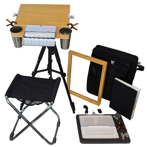 Outdoor Watercolor Easel Set | Portable Plein Air Watercolor Easel System with Studio-Like Ergonomics | Tripod, Wet Panel Carrier & Stool | Sketchbook, Palettes, Cups & Clips - size: Easel Set T1 (12x16")