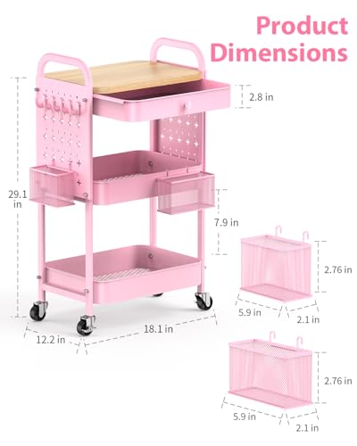 ALVOROG 3 Tier Metal Rolling Cart with Drawer,Wood Top,Pegboards,Pink | Storage Utility Cart with Drawers,Pegboards,Lockable Wheels,Baskets,Hooks for Kitchen,Office,Bedroom,DIY Supplies - color: Cherry Blossom Pink