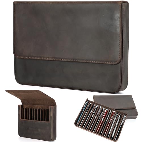 Top Grain Genuine Leather 12 Pen/Pencil Tray Case Organizer, Solid Vintage Design No Logo, Handmade, Magnetic Closure with Drawer, Gift Choice for Man/Woman/Office, Matte Coffee, 12 Slots - color: Matte Coffee, size: 12 Slots -【Magnetic Closure】