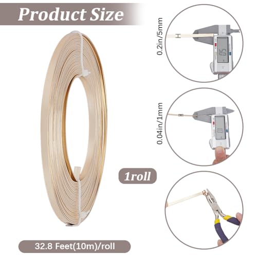 Beebeecraft 32.8 Feet 5mm Aluminum Craft Wire, Light Gold Color Bendable Flat Jewelry Wire for Bezel Frame Jewelry Making Wrapping Sculpture DIY Crafts - color: Light Gold