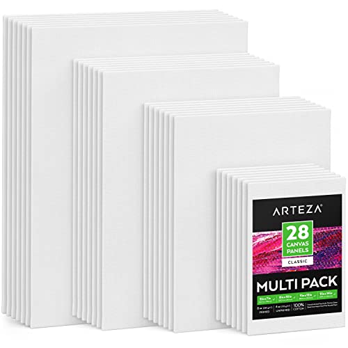 ARTEZA Canvas Panels Multi-Pack, 28 Blank Canvas Boards, 5 x 7, 8 x 10, 9 x 12 and 11 x 14 in, 100% Cotton Pre-Primed Painting Canvases for Acrylic, Oil, Gouache, Pouring, and Crafts - size: 5x7, 8x10, 9x12, 11x14 (Pack of 28)