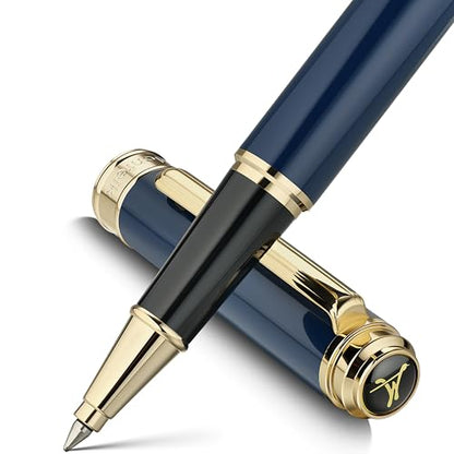 MCNTEIK 317 Rollerball - Stunning Luxury Blue Lacquer Pen with 24K Gold Finish, Schmidt Black Ink Refill, Fancy Gift Set for Men & Women, Professional, Graduation Executive Office, Nice Classic Pens - color: Blue and 24K Gold