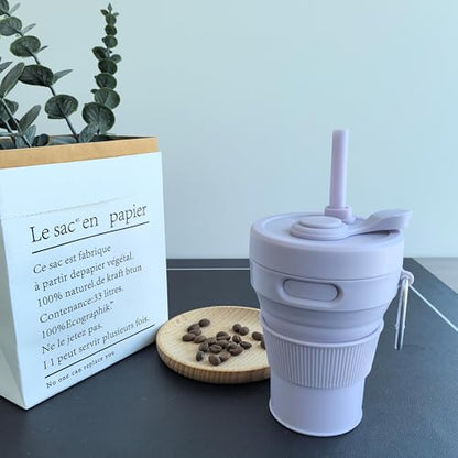 Silicone Collapsible Travel Mug Purple 15oz / 450ml - Leak-Proof Reusable Silicone Water Bottle for Hot and Cold Beverages - Travel Office and Home - Dishwasher Safe - Straw Included - color: Purple