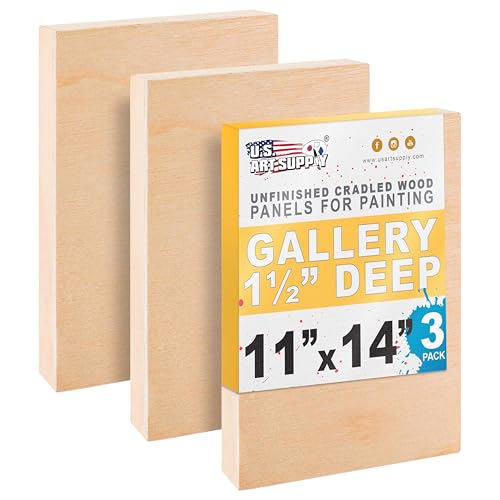 U.S. Art Supply 11" x 14" Unfinished Cradled Wood Panels for Painting, Gallery 1-1/2" Deep (3 Pack) - Artist Depth Wooden Wall Canvases - Mixed-Media Craft, Acrylic, Oil, Encaustic, Paint Pouring - style: 11 Inch x 14 Inch