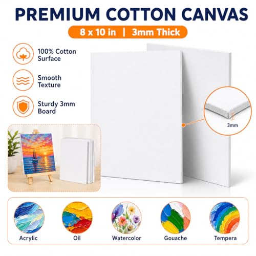 8 Pack 8 x 10 Inch Canvas Boards for Painting, Art Canvas Bulk for Drawing with Paint Brushes & 12 Colors Acrylic Paint, Mini Painting Canvas with Easel Set, Painting Kits for Adults Party Supplies