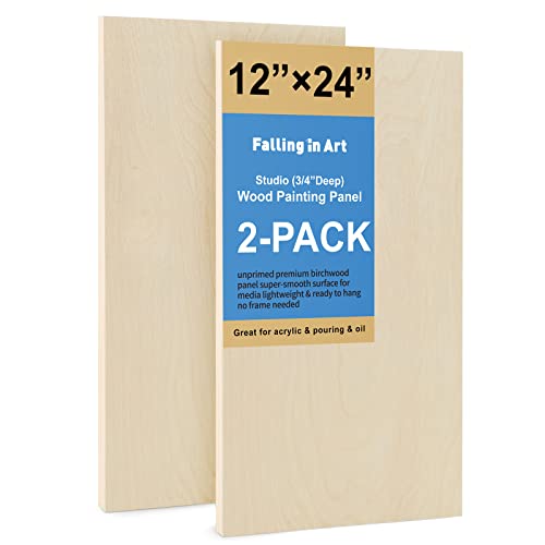 Falling in Art 2 Pack 12x24’’ Unfinished Birch Wood Panels Kit for Painting | Studio 3/4’’ Deep Wood Canvas, Cradle Boards for Acrylic Pouring, Art, Crafts, Epoxy Resin, Laser Engraving Cutting - size: 12'' x 24''