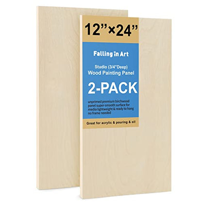 Falling in Art 2 Pack 12x24’’ Unfinished Birch Wood Panels Kit for Painting | Studio 3/4’’ Deep Wood Canvas, Cradle Boards for Acrylic Pouring, Art, Crafts, Epoxy Resin, Laser Engraving Cutting - size: 12'' x 24''