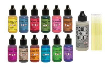 Ranger Tim Holtz Alcohol Pearls Bundle – 12 Pearlescent Alcohol Inks with 2oz Blending Solution & 10 Detail Sticks | Permanent Fast-Drying Pigment Ink Set for Resin, YUPO & Mixed Media Art