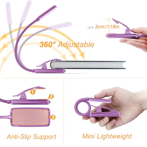 Gritin 9 LED Rechargeable Book Light for Reading in Bed | Eye Caring 3 Color Temps,Stepless Dimming Brightness,80 Hrs Runtime Small Lightweight Clip On Book Reading Light-Dark Purple - color: Dark Purple