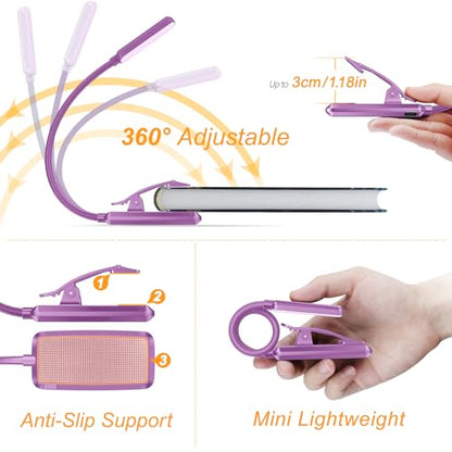 Gritin 9 LED Rechargeable Book Light for Reading in Bed | Eye Caring 3 Color Temps,Stepless Dimming Brightness,80 Hrs Runtime Small Lightweight Clip On Book Reading Light-Dark Purple - color: Dark Purple