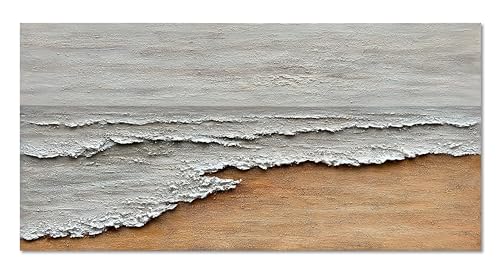 Art Hand-Painted Yellow and White Ocean Beach Landscape Oil Painting Modern Abstract Canvas Art Home Wall Decoration 24x48 inches - color: Dn169