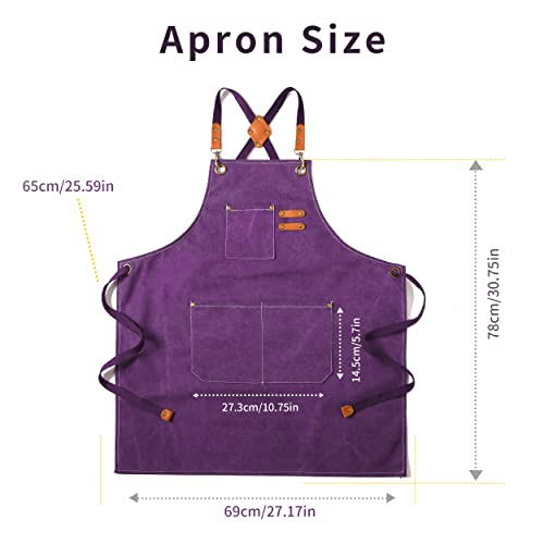 Tosewever Canvas Cross Back Chef Cotton Aprons for Men Women with Large Pockets - color: Purple