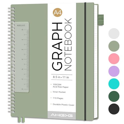 AHGXG Spiral Graph Paper Notebook, 110 Pages, A4 (8.5" x 11") | 100 gsm Thick Grid Paper, Waterproof Plastic Cover, for School Writing Engineering (Sage Green) - color: Sage Green, style: A4-Graph