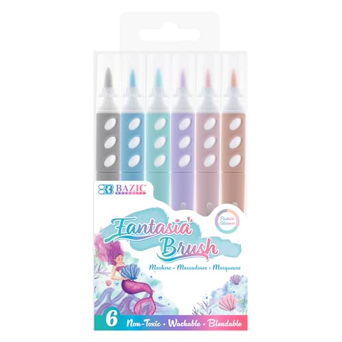 BAZIC PRODUCTS Fantasia Brush Markers, Dual Tip, 6 Colors, Washable, 24-Box | brush + 0.4 mm fine tip, pastel Fantasia brush markers, non-toxic, lettering, journaling, art - color: Pastel Color, size: 24-Pack