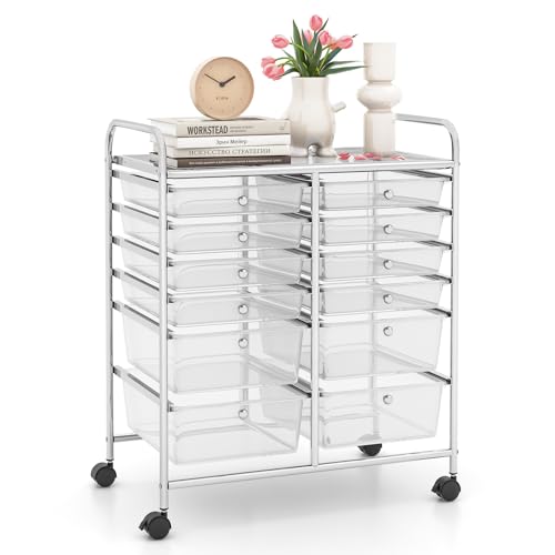 12 Drawer Rolling Storage Cart, Craft Cart Organizer on Wheels w/Metal Frame, Large Capacity & Smooth Drawer, Rolling Cart w/Drawers for Classroom, Office - color: Clear, size: 12 Drawer