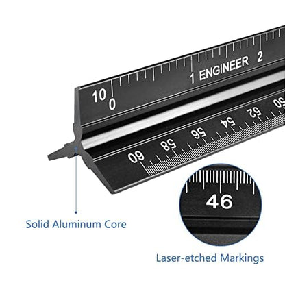 Engineer Scale Ruler, Imperial Measurements 12'', Laser-Etched Aluminum Architect Triangular Ruler Black for Architects, Students, Draftsman, and Engineers | Black, Laser-Etched Aluminum Architect Triangular Ruler for Architects, Students, Draftsman, and