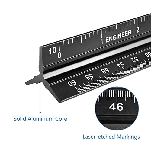 Engineer Scale Ruler, Imperial Measurements 12'' | Black, Laser-Etched Aluminum Architect Triangular Ruler for Architects, Students, Draftsman, and Engineers - style: Black-E