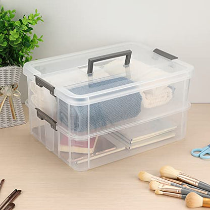 JUXYES 2-Tiers Plastic Stack Carry Storage Containers Box wih Handle Lids - color: Dark Gray