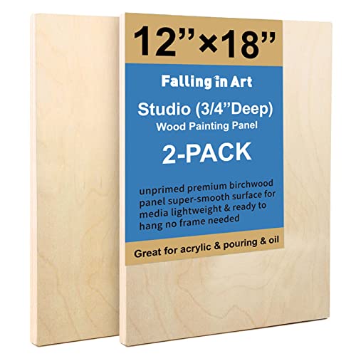 Falling in Art 2 Pack 12x18 Unfinished Birch Wood Panels Kit for Painting | Studio 3/4’’ Deep Wood Canvas, Cradle Boards for Acrylic Pouring, Art, Crafts, Epoxy Resin, Laser Engraving Cutting - size: 12'' x 18''
