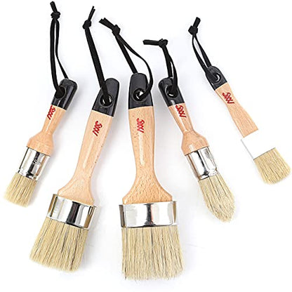 Chalk and Wax Paint Brushes, 5 Pcs Furniture Wax Brush, Natural Bristle | Complete 5 Pcs set includes 3 small brushes and 2 large oval brushes for furniture painting, wax application, and refinishing