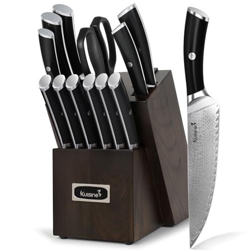 KUISINE 14-Piece Damascus Knife Set with Block, Ultra Sharp | Ergonomic Non-slip Handle Chef Knife Set with Built-in Sharpener, Dishwasher Safe, Luxury Gift for Holiday - color: Silver, size: 14 pieces
