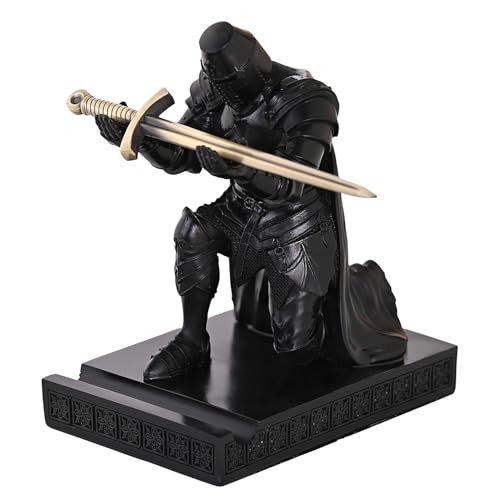 Medieval Templar Vanguard Officer Knight Pen Holder Desk Organizers Black | Pencil Stand Paperweight Desktop Decoration Accessories Cell Phone Stand with a Fancy Sword for Medieval Warrior Enthusiast - color: Black