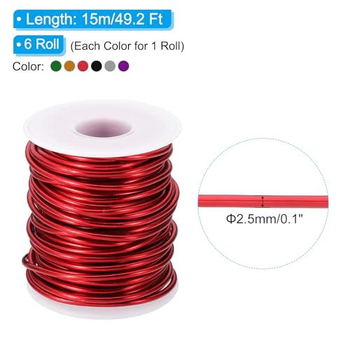 PATIKIL 10 Gauge 2.5 mm Aluminum Craft Wire, 49.2 Ft Metal Wire 6 Roll Armature Bendable Wire for Jewelry Making Metal Wrap DIY, Purple/Silver/Black/Green/Red/Gold - color: Purple/Silver/Black/Green/Red/Gold, size: 10 Gauge