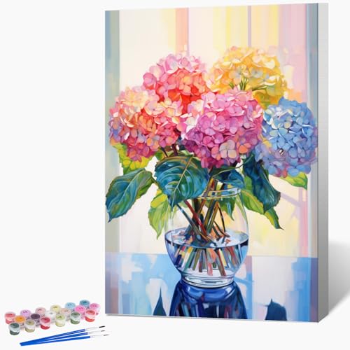 Framed Paint by Numbers Kit for Adults Beginner & Kids Ages 8-12, Hydrangea in Glass Vase Window Paint by Number with Frame, Easy Acrylic Colorful Flowers Painting by Numbers Kit on Canvas 8x12 inch - color: Hydrangea Vase, size: 8x12 Inch