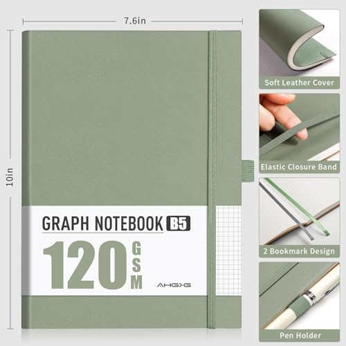 AHGXG Graph Paper Notebook, 120 GSM Paper, 96 Pages, B5 (7.6'' X 10'') - color: Sage Green, style: B5-Grid-120G
