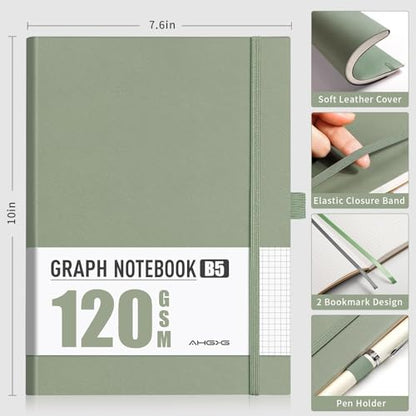 AHGXG Graph Paper Notebook, 120 GSM Paper, 96 Pages, B5 (7.6'' X 10'') - color: Sage Green, style: B5-Grid-120G