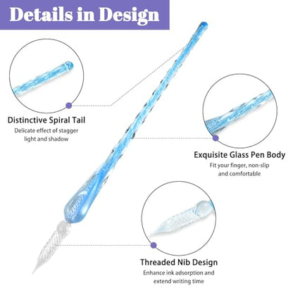 Glass Dip Pen Set, 16pcs Calligraphy Fountain Pens Set, 2 Crystal Glass Pen, 12 Gold Powder Drawing Drip Tool for Writing Signatures Art Christmas Gift, Calligraphy Kit for Beginners