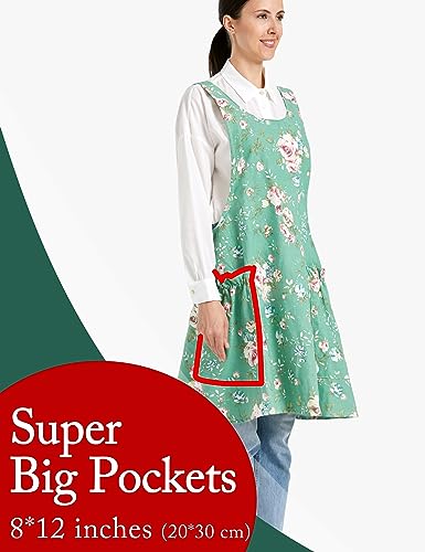 Cozy Adjustable Cross Back Aprons for Women with Pockets Cotton Linen Cooking Kitchen Baking - color: Rose Flowers