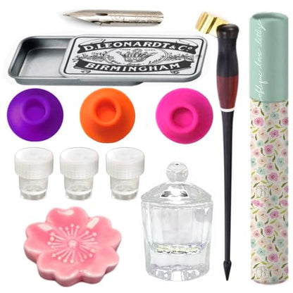 Oblique Calligraphy Pen Holder Set – Hand-Adjusted Brass Flange, Ergonomic Dip Pen, Leakproof Inkwell, Ceramic Pen Rest & Instruction Guide – Ideal for Copperplate, Spencerian & Modern Calligraphy - style: Oblique Pen Set w/ Cherry Blossom Pen Rest