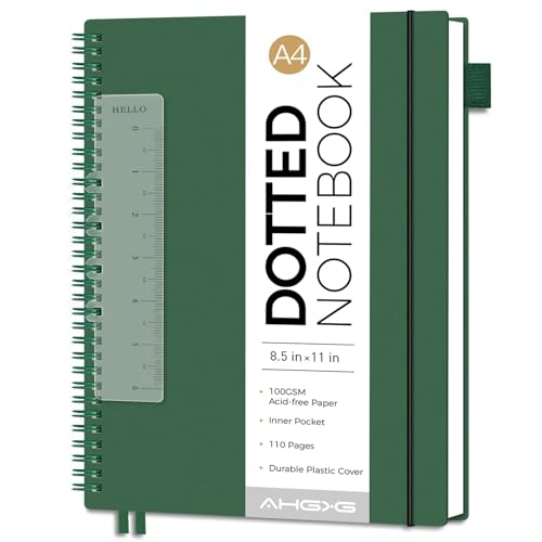 AHGXG Dotted Journal, Grid Spiral Notebook, 110 Pages, A4 (8.5" x 11") | 100 GSM Thick Dot Paper, Waterproof Plastic Cover Journals for Journaling, Sketching (Green) - color: Green, style: A4-Dotted