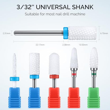 MelodySusie 5Pcs Ceramic Nail Drill Bits Set, 3/32" Acrylic Gel Nail File Bits for Manicure Pedicure Cuticle Polishing - color: 1 Coarse, 2 Medium and 2 Fine, size: 5 Piece Set