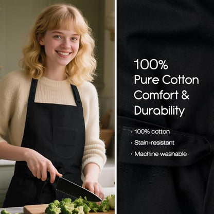 Unisex Apron with Pockets for Cooking, Salon & Art - 100% Cotton Adult Kitchen, Chef, Stylist Apron (Black) - color: Black