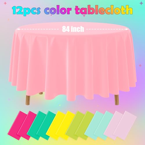 12 Pack Hawaiian Plastic Tablecloth for Round Tables, Pink Green Yellow Tropical Disposable Table Cover, Luau Round Table Cloth for Summer Flamingo Birthday Picnic Party Supplies Decorations - color: Rose Red Yellow Pink Green(round)