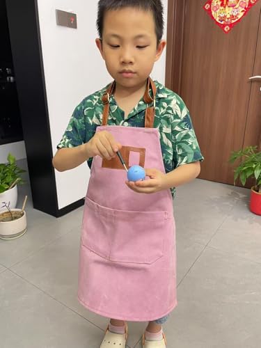 Canvas Aprons for Kids, Childrens Aprons with 4 Pockets and Card Slot Pocket for Painting Crafting Kitchen - color: Pink