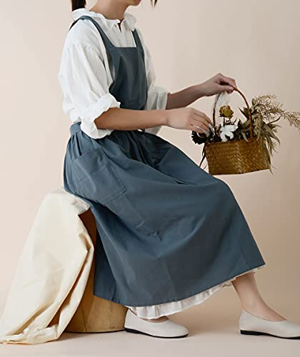 VLZUFE Women Cotton Linen Cross Back Apron for Gardening Works Pinafore Dress with Pockets Navy - color: Navy